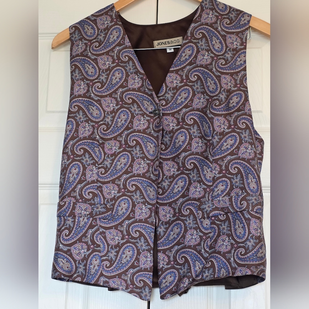 Jones & Co Satin Paisley Single Button Womens Vest - Brown and Blue Size M